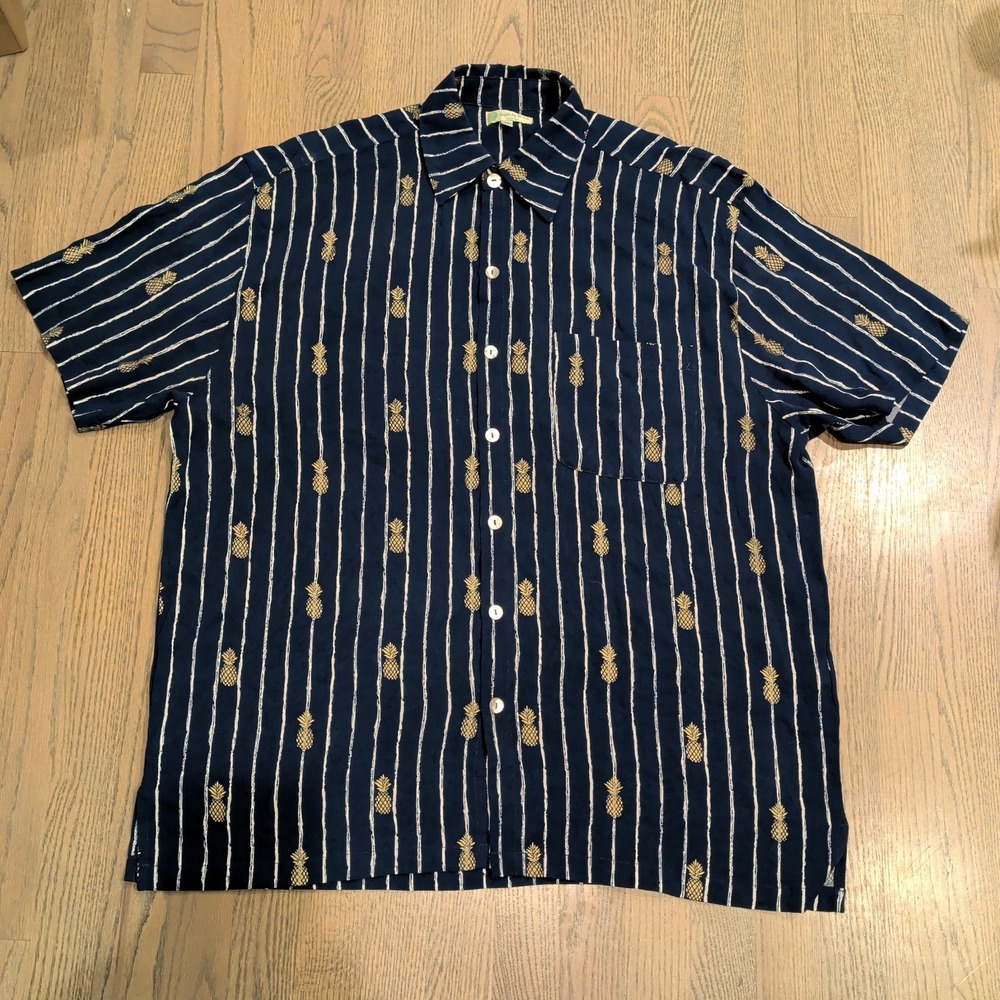 Angels by the Sea Hawaii Mens XL Navy Blue Pineapple Striped Hawaiian Shirt